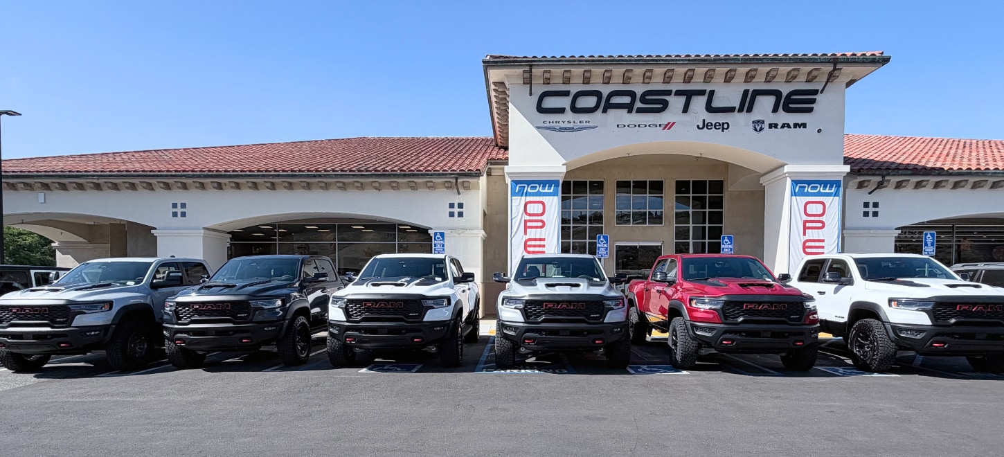 Ram TRX trucks lined up in front of Coastline CDJR in San Juan Capistrano, CA