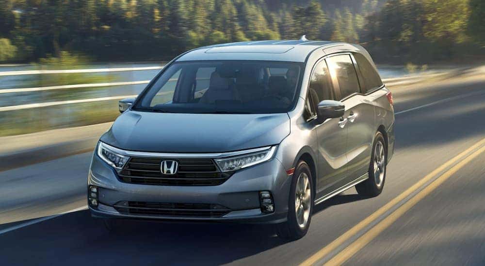 A silver 2023 Honda Odyssey Elite is shown driving on a highway after visiting a Honda dealer near Clarence.