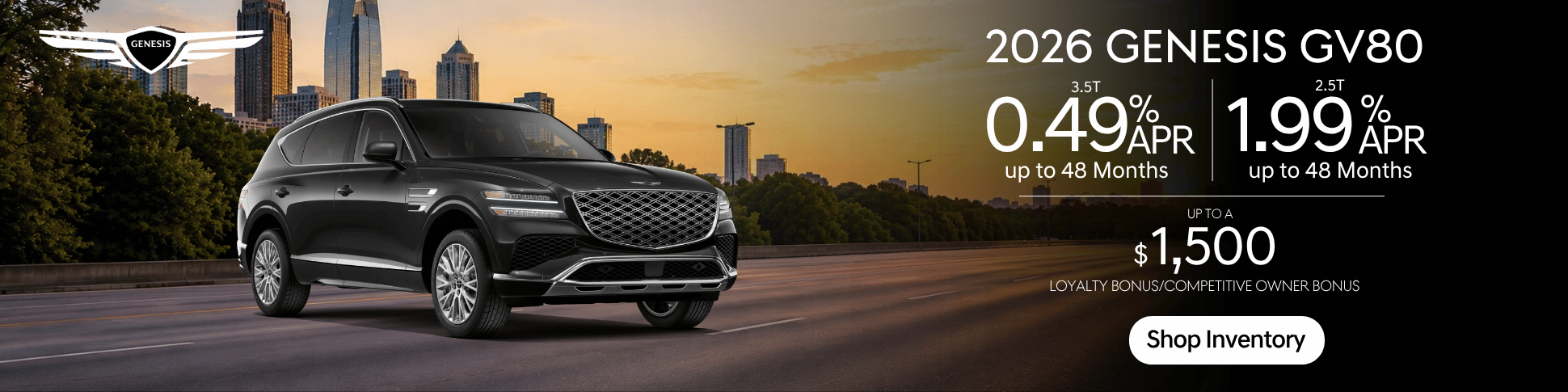 2026 Genesis GV80 driving on a road with promotional text offering 0.49% APR financing for up to 48 months on 3.5T trims and a Shop Inventory call to action.
