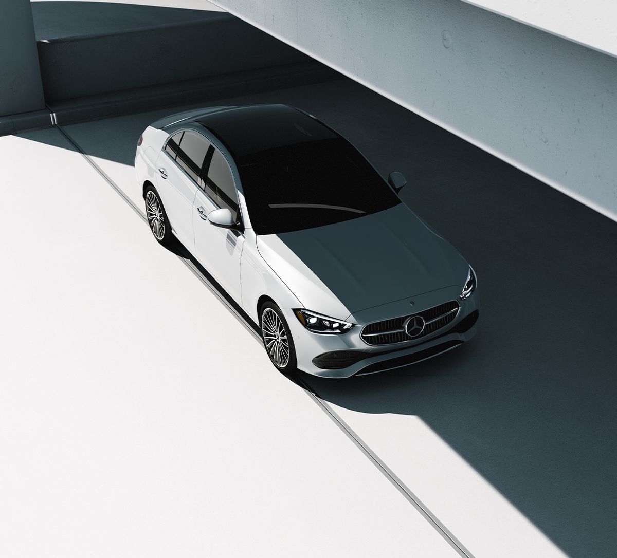 2026 Mercedes-Benz C-Class sedan serviced at a Brooklyn dealership, overhead exterior view