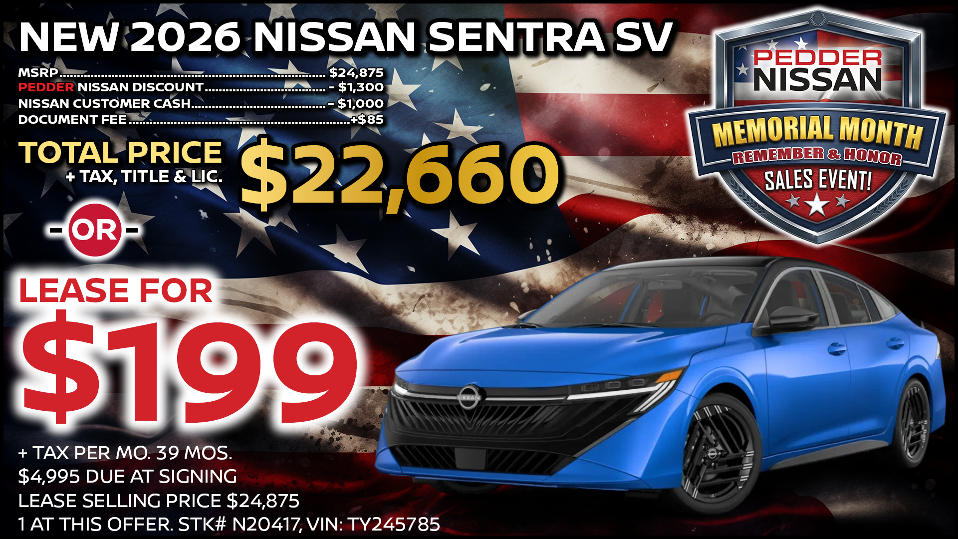2026 Nissan Sentra SV Lease Special