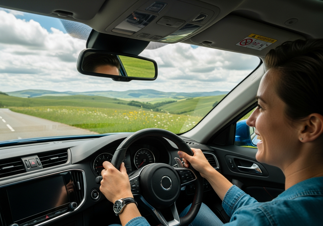 SUV driving on a mountain road at sunset