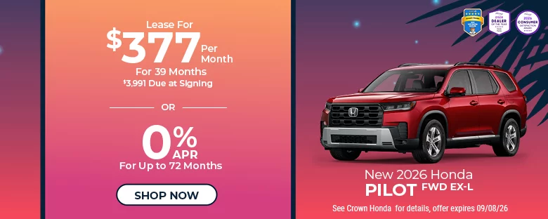 New 2026 Honda Pilot FWD EX-L Lease for $377 per month for 39 months $3,991 due at signing OR 0% APR for up to 72 months