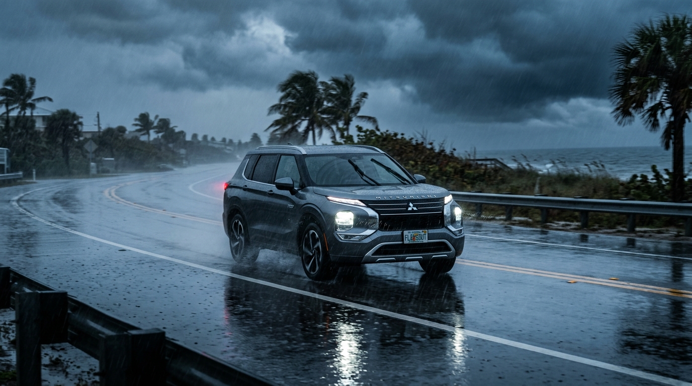 A grey Mitsubishi SUV driving down a wet coastal road under dark stormy skies and heavy rain. (Representative image for illustration purposes only. Actual vehicle may vary based on trim and configuration.)