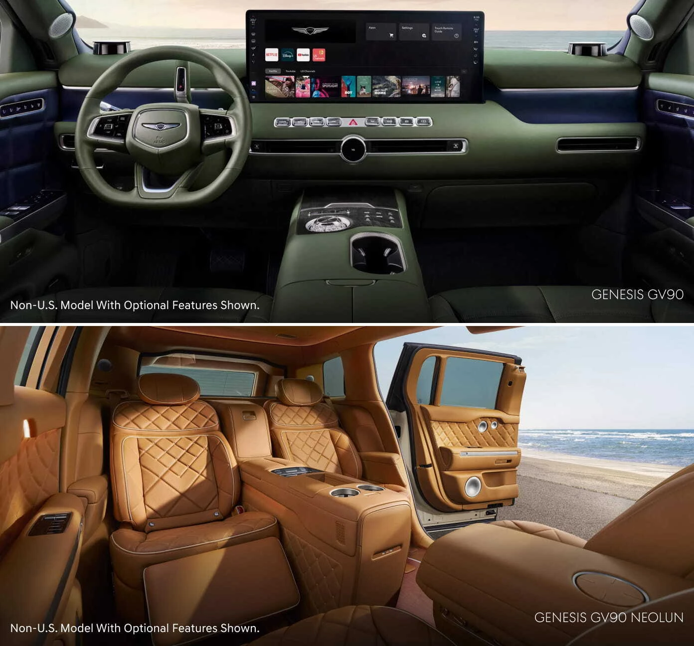 Genesis GV90 front cabin with a wide infotainment display and green interior, above a Genesis GV90 Neolun rear cabin with quilted brown leather seating.
