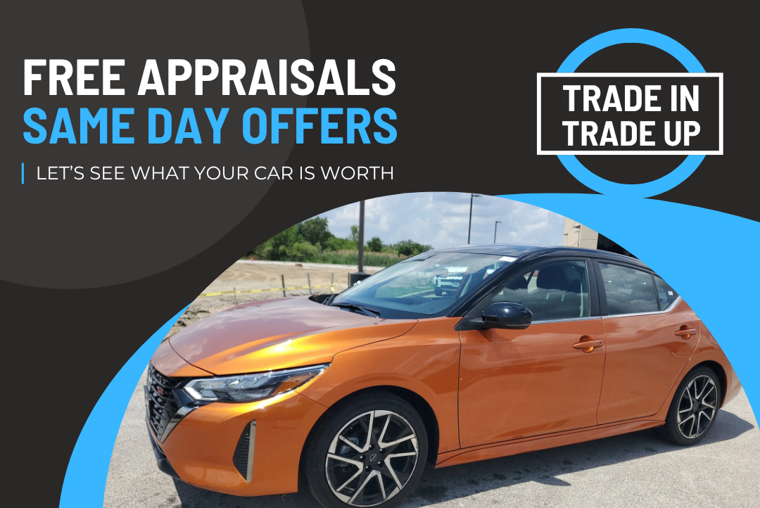 Image of an orange car with a trade in offer "Free appraisals same day offers. Let's see what your car is worth. Trade In Trade Up"