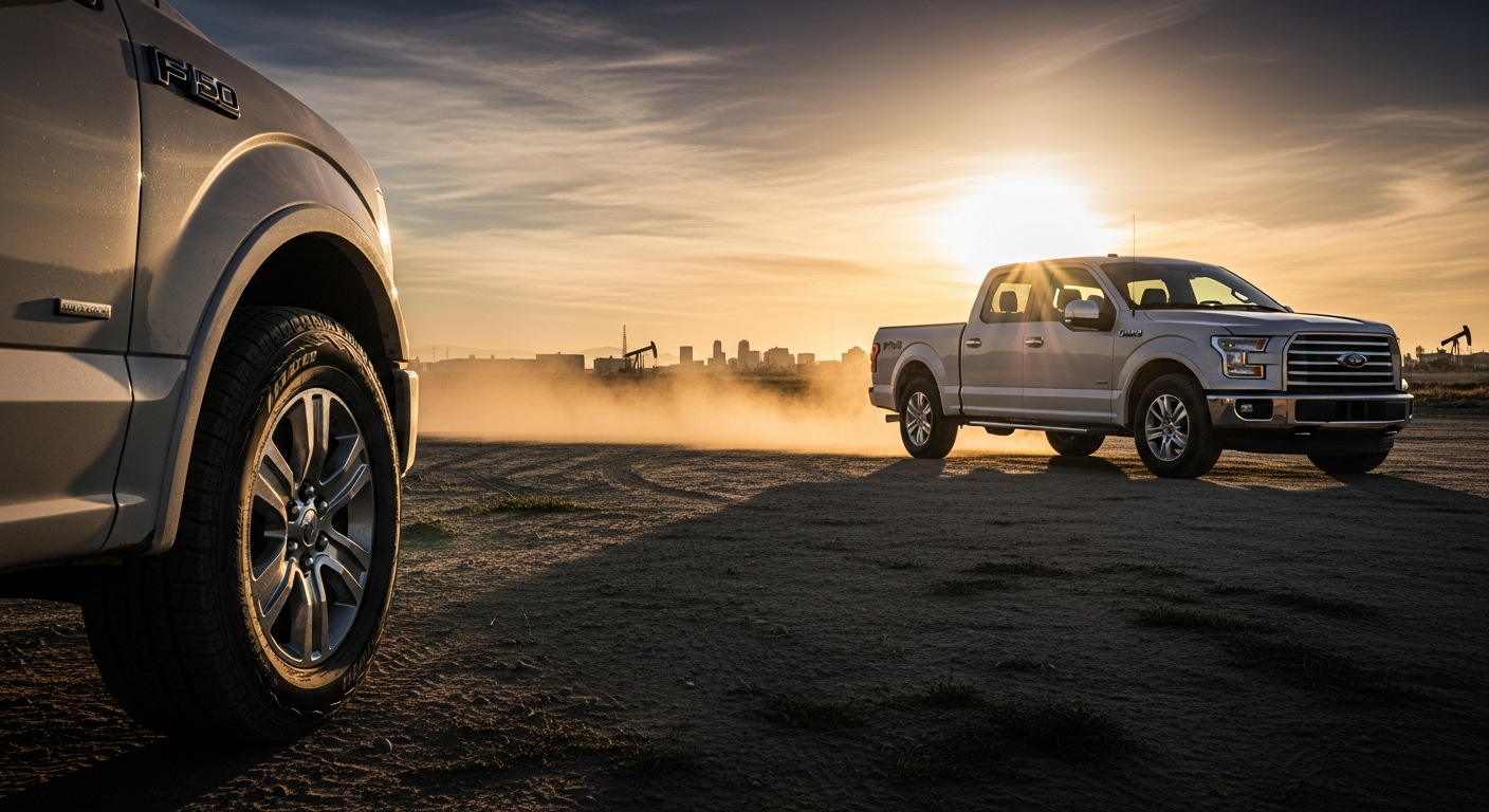 Blue Ford F-150 pickup truck parked outdoors at sunset