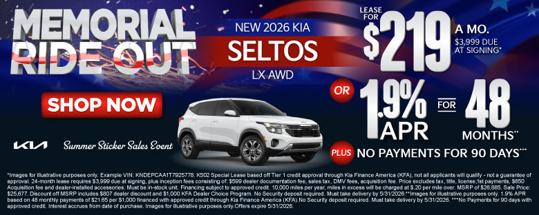 NEW 2026 Kia Seltos LX AWD	"LEASE FOR $219/MO with $3,999 due at signing* OR 1.9% APR for 48 months** PLUS, NO PAYMENTS FOR 90 DAYS***"