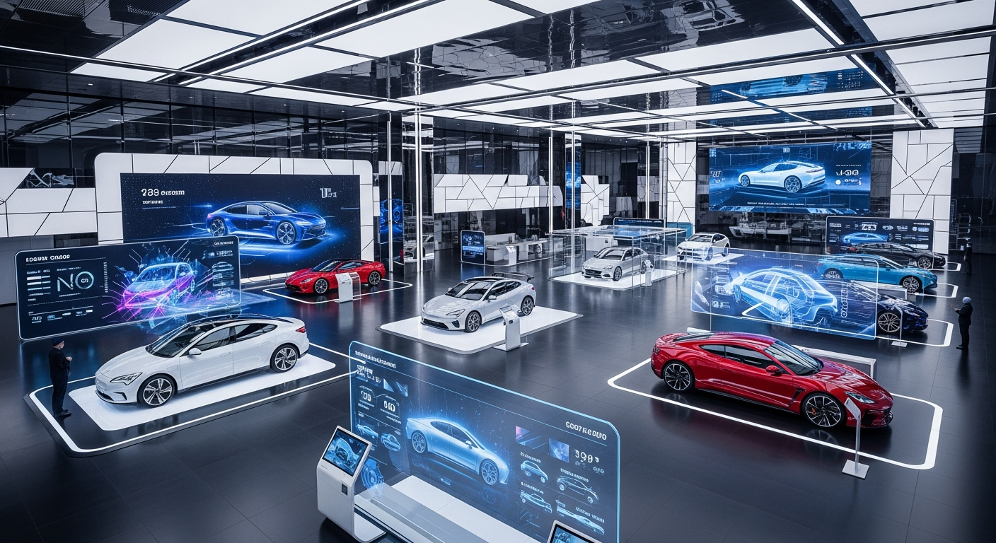 Modern car showroom with digital screens and vehicles displayed