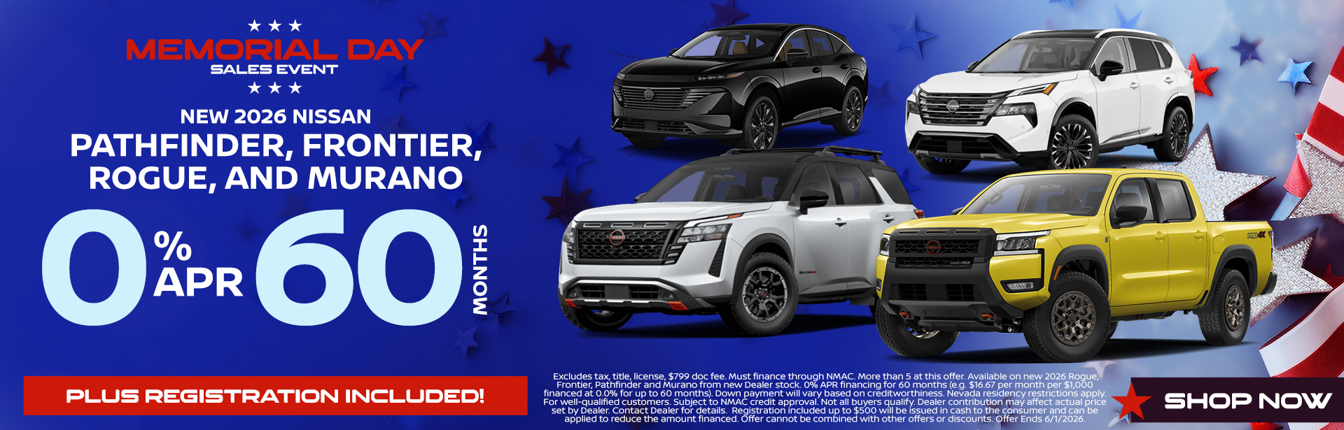 New 2026 Nissan Pathfinder, Frontier, Rogue, and Murano:0% APR for 60 Months
