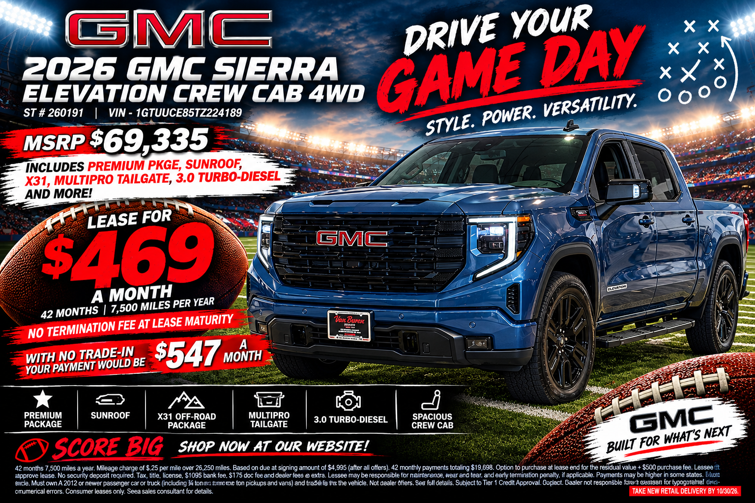 Advertisement for a black 2026 GMC Yukon XL Denali AWD, stock #260613: leased for $1,249 a month for 48 months at 7,500 miles a year, MSRP $99,545, with Advanced Tech package, Super Cruise, and rear-seat media, no termination fee at maturity, from Van Buren GMC