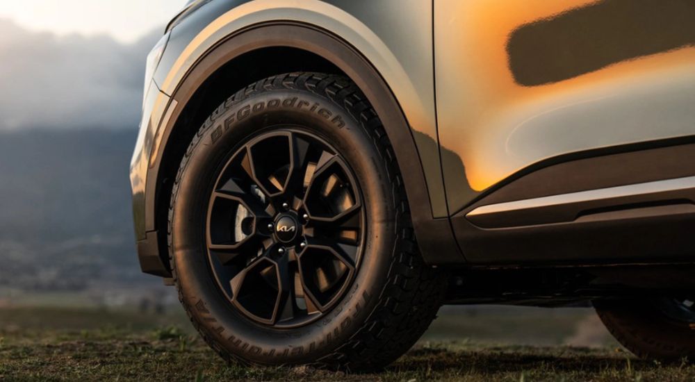 Close-up of the front wheel of a 2025 Kia Sportage X-Pro Prestige