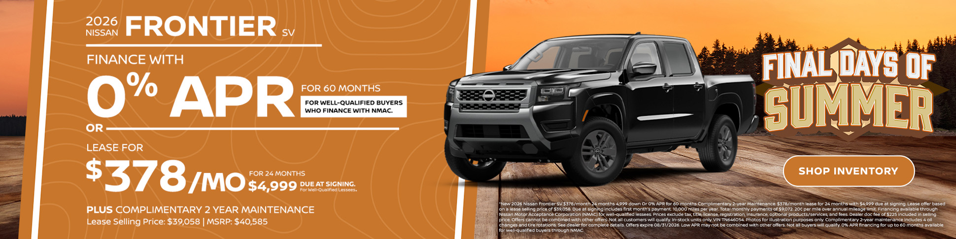 2026 Nissan Frontier SV at Baker Nissan in Houston featuring $385 per month lease, 0% APR financing for 60 months, and complimentary 2-year maintenance.