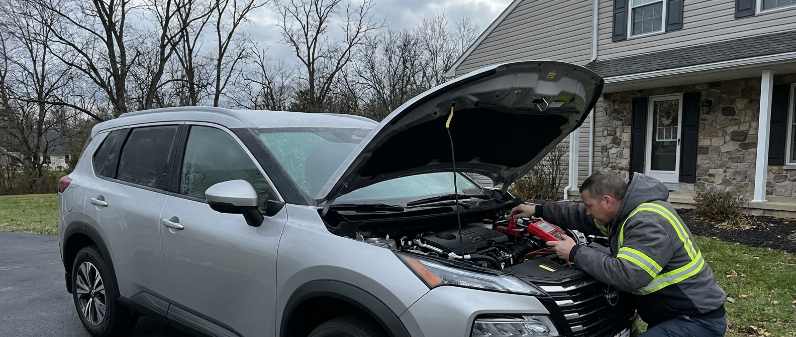 2026 Nissan Rogue battery load test on a cold autumn morning in Bucks County PA