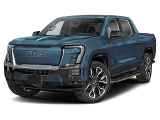 Front three-quarter studio view of a blue GMC electric pickup truck with a legible GMC nameplate on the closed-off front grille panel and black wheels, on a white background