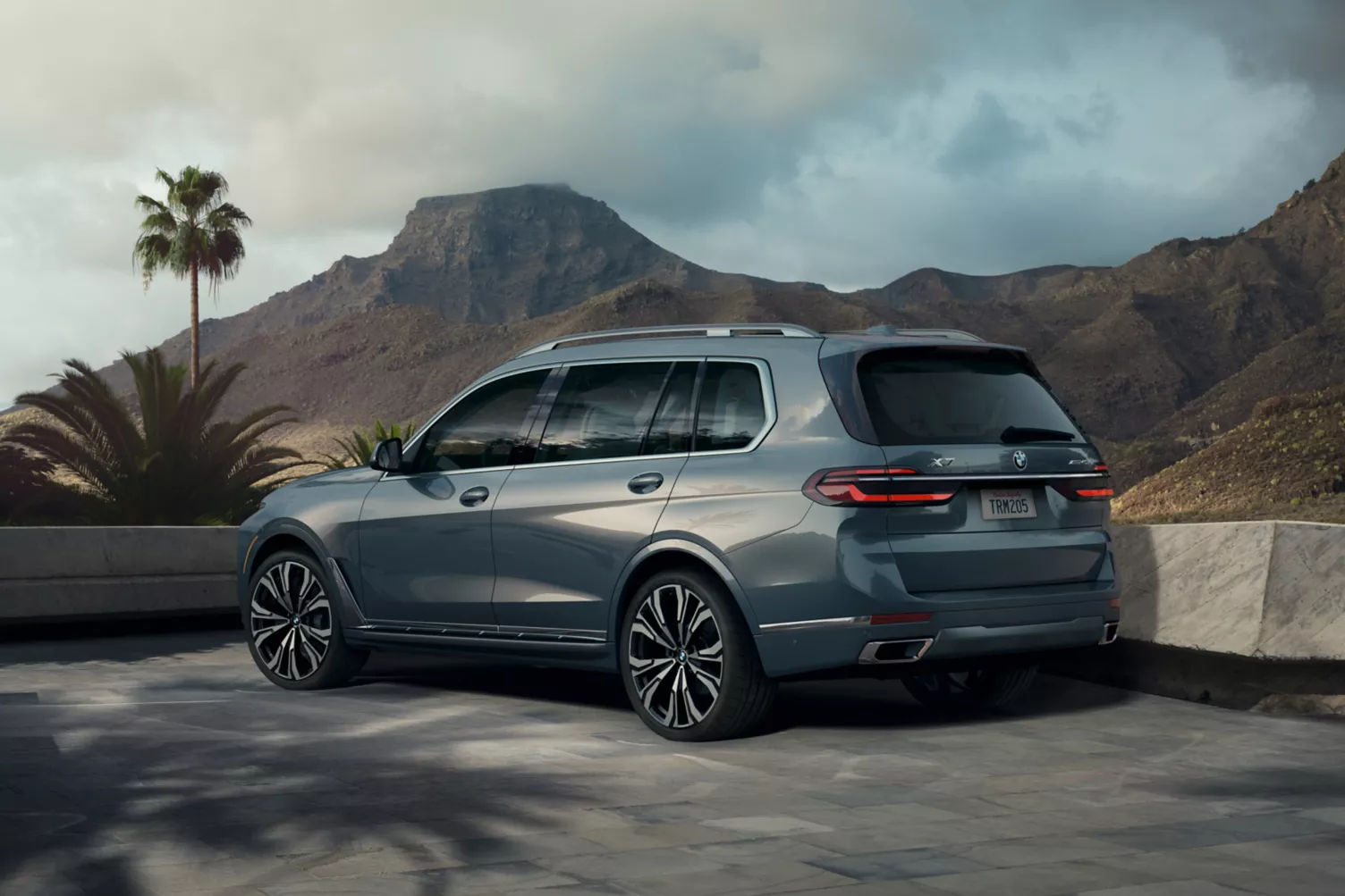 Gray BMW x7 parked with moutains and palm trees 