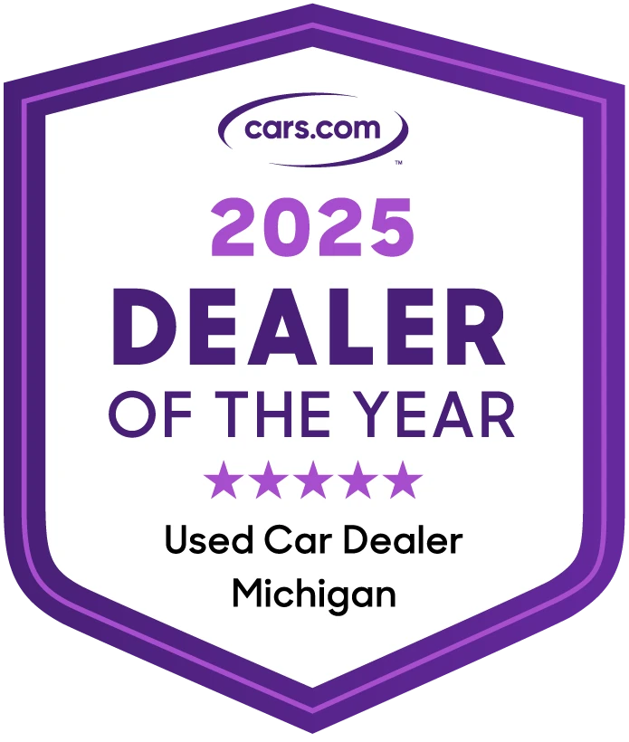 Cars.com 2025 Dealer of the Year shield-shaped award badge with five stars, reading Used Car Dealer, Michigan