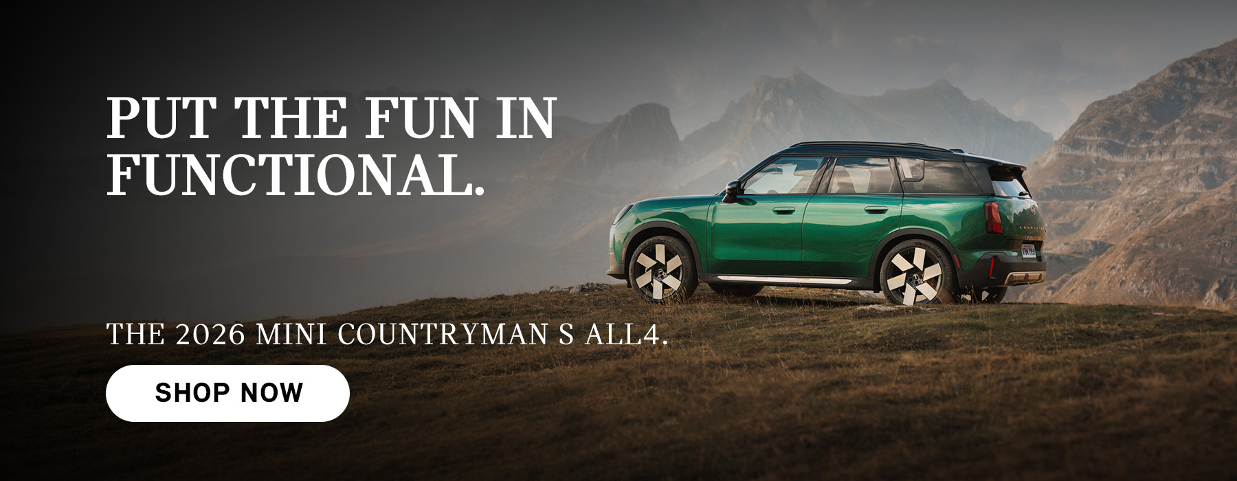 Green Countryman parked on top of a hill.