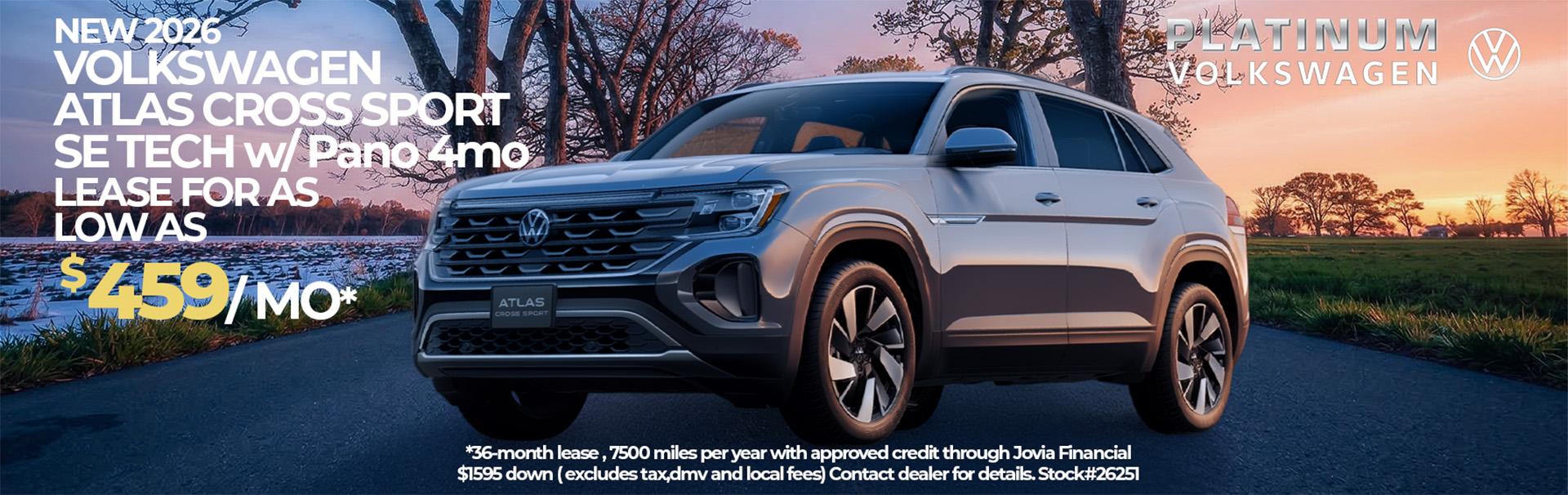 2026 Volkswagen Atlas Cross Sport SE Tech SUV lease offer $459 per month at Platinum Volkswagen dealership in Hicksville Long Island NY