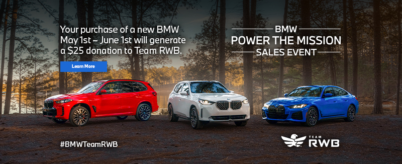 BMW Power the Mission Sales Event featuring the 2026 BMW X5 in red, the BMW X3 in white and the BMW i4 M50 in Blue.