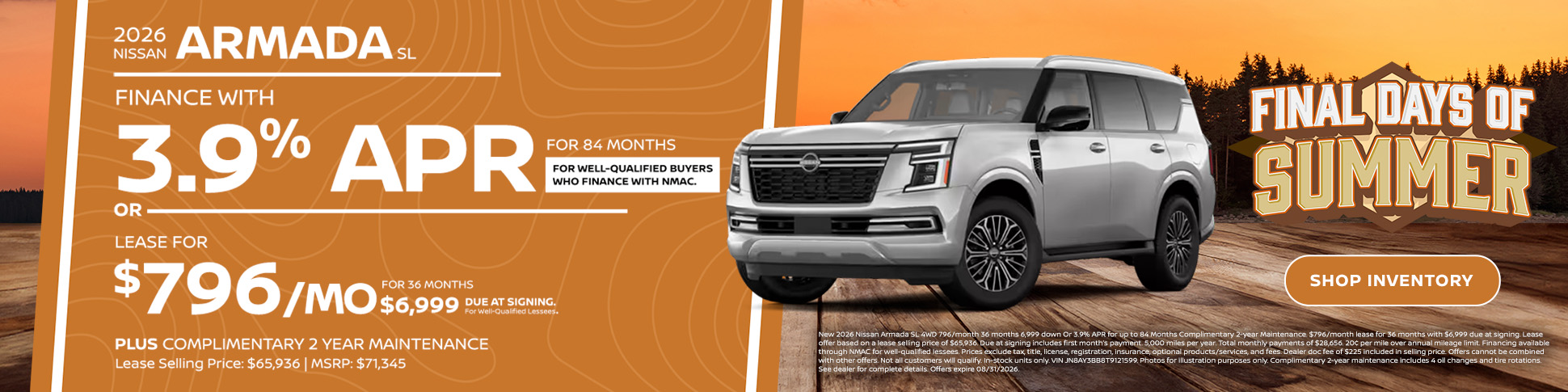2026 Nissan Armada SV SUV available at Baker Nissan in Houston, TX with current lease and finance offers plus complimentary 2-year maintenance.