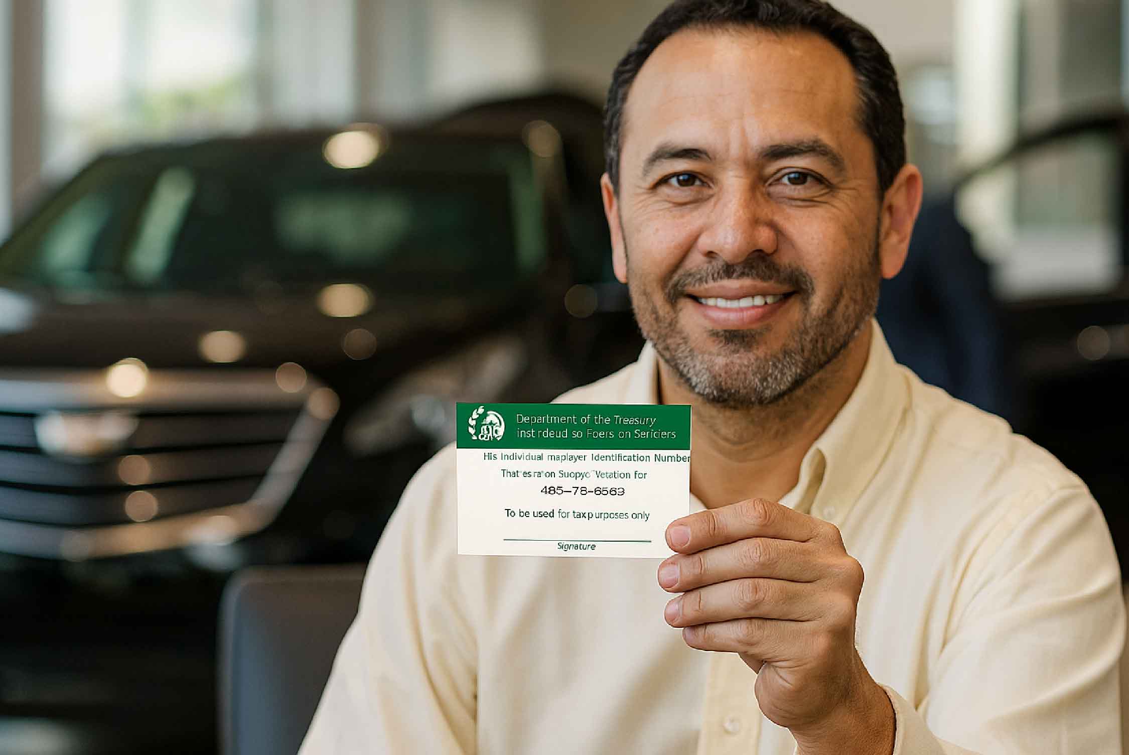 Image of a customer holding their ITIN as their identification for buying a car smiling at the camera
