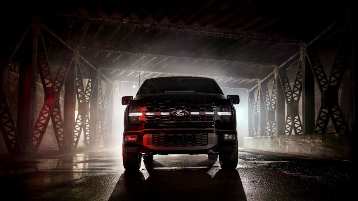 Black 2025 Ford F-150 Lobo Grille with LED Lightbar in Dark Alley