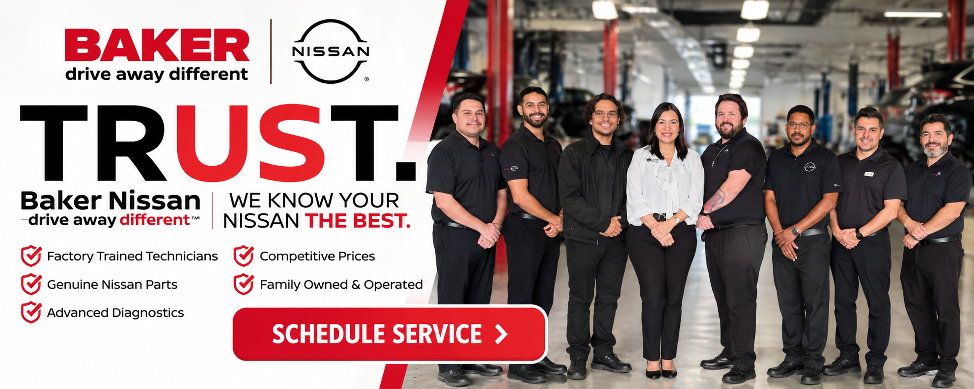 Baker Nissan Service Center in Houston featuring our service team, factory-trained technicians, genuine Nissan parts, and expert vehicle maintenance.
