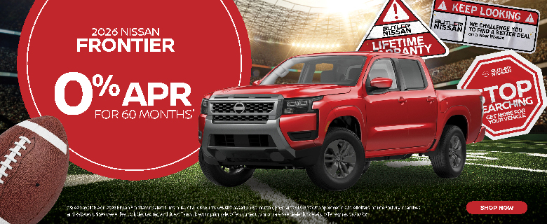 2026 Nissan Frontier finance special at Butler Nissan featuring 0% APR for 60 months on select model