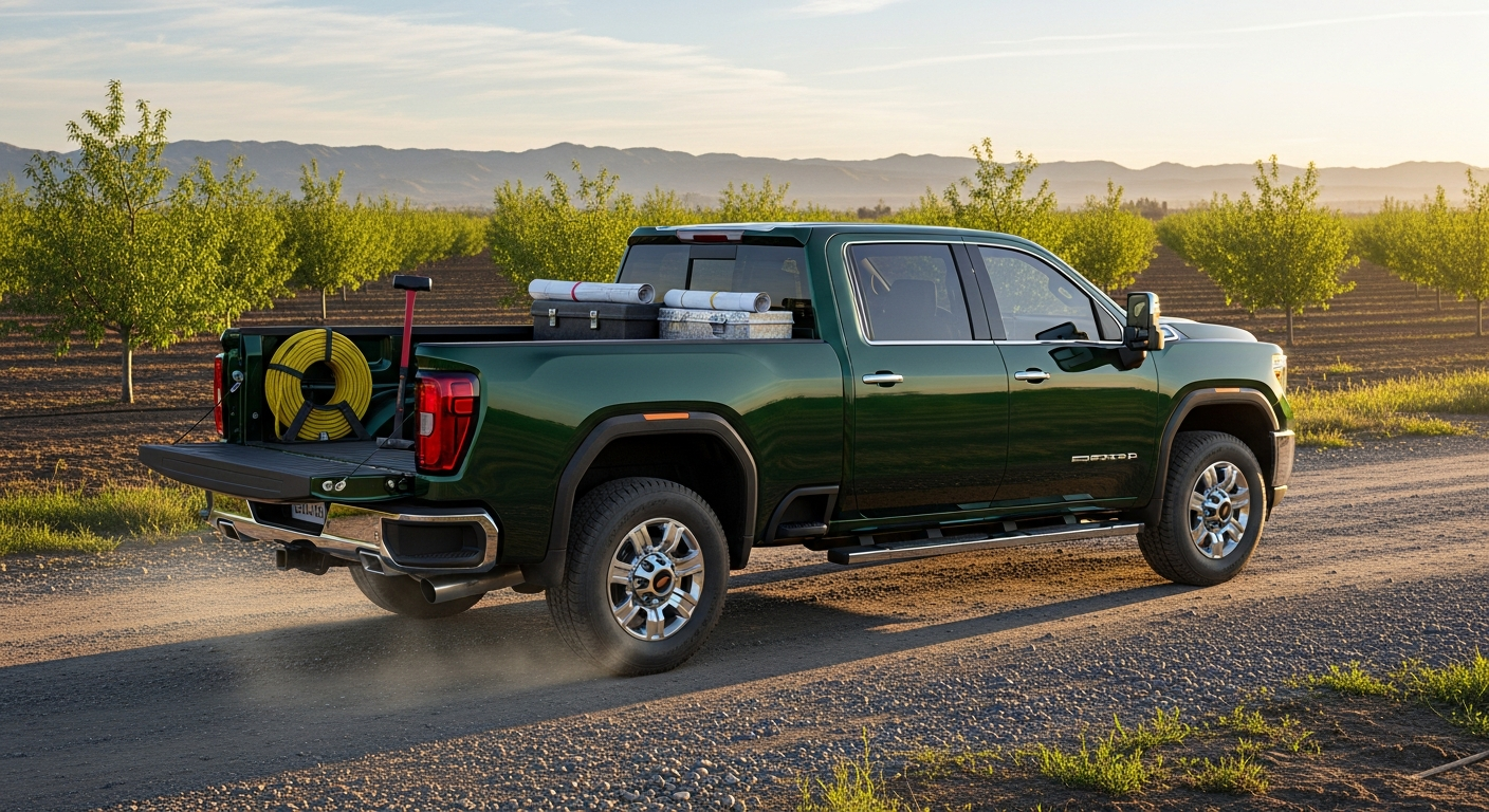 GMC Sierra work truck driving through Bakersfield, CA