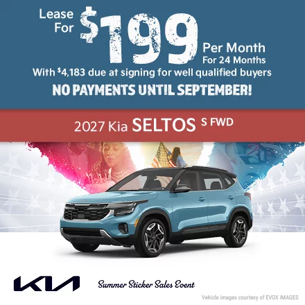 2027 Kia Seltos S FWD Lease for $199 per month with $4,183 due at signing for well qualified buyers