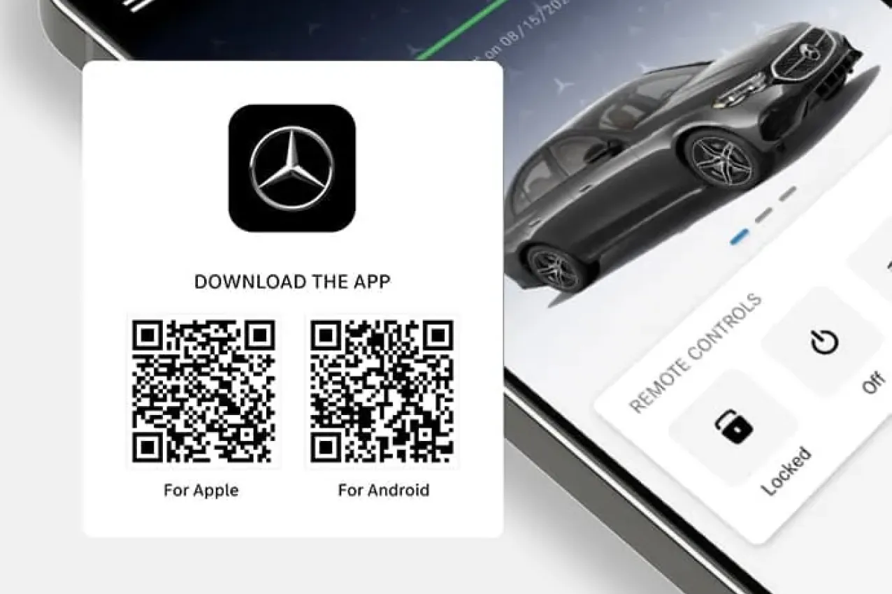 Close up of smarthpone and showing Mercedes-Benz app