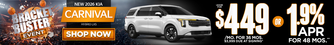 2026 Kia Carnival Hybrid LXS	"Lease for $449/mo for 36 months $3,999 due at signing* OR 1.9% APR for 48 months**"