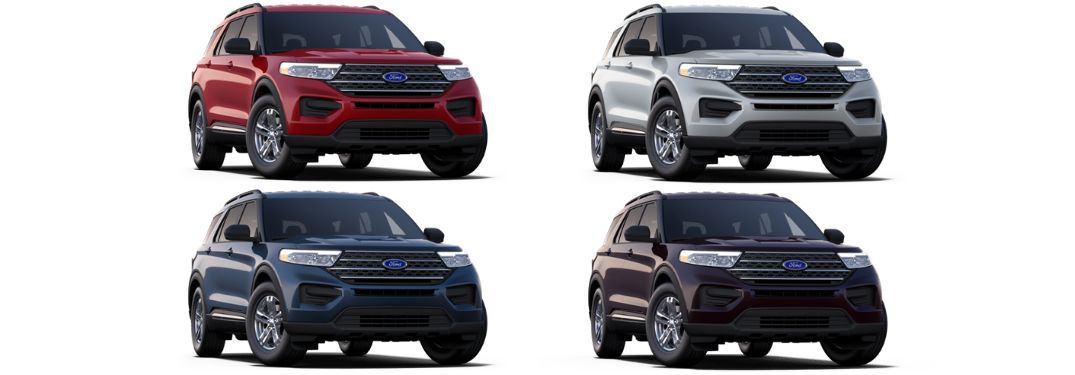 Rapid Red, Star White, Stone Blue and Jewel Red 2024 Ford Explorer Models on White Background