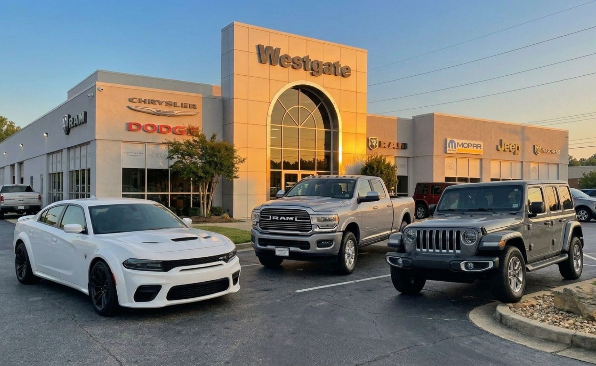 A white Dodge Charger performance sedan, a silver Ram truck, and a grey Jeep Wrangler SUV parked outside the Westgate Chrysler Dodge Jeep Ram dealership building at sunset.