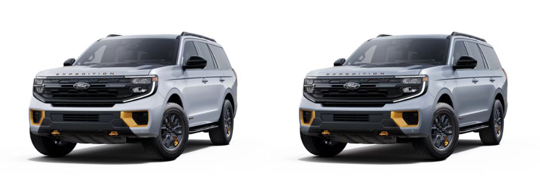 Space Silver Metallic and Glacier Gray Metallic 2025 Ford Expedition Tremor Models on White Background