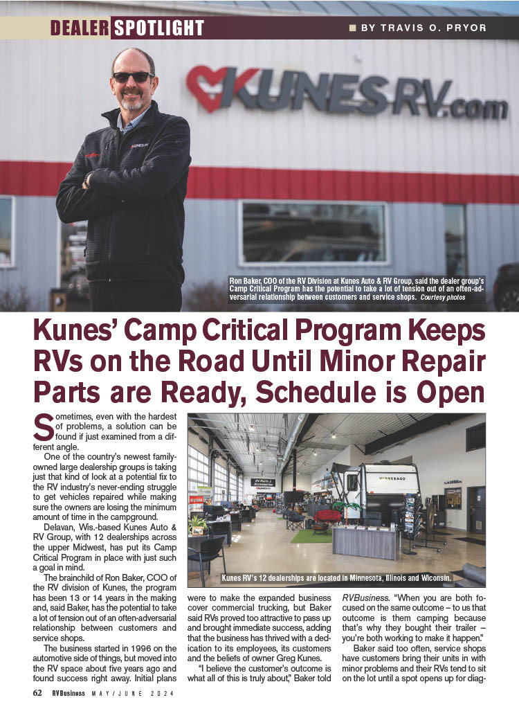 Kunes' Camp Critical Program Keeps RVs on the Road Until Minor Repair Parts are Ready, Schedule is Open