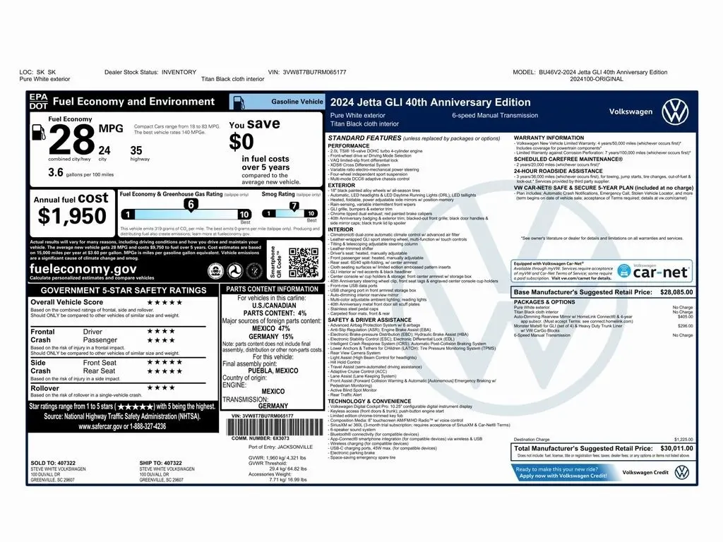 Used 2024 Volkswagen Jetta GLI 40th Anniversary Edition with VIN 3VW8T7BU7RM065177 for sale in Trooper, PA