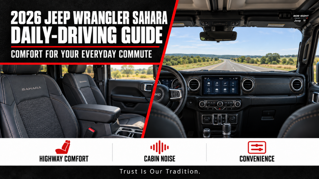 2026 Jeep Wrangler Sahara daily-driving guide showing front seats and dashboard for Lawrence-to-Topeka commuting at Bob Sight CDJR.