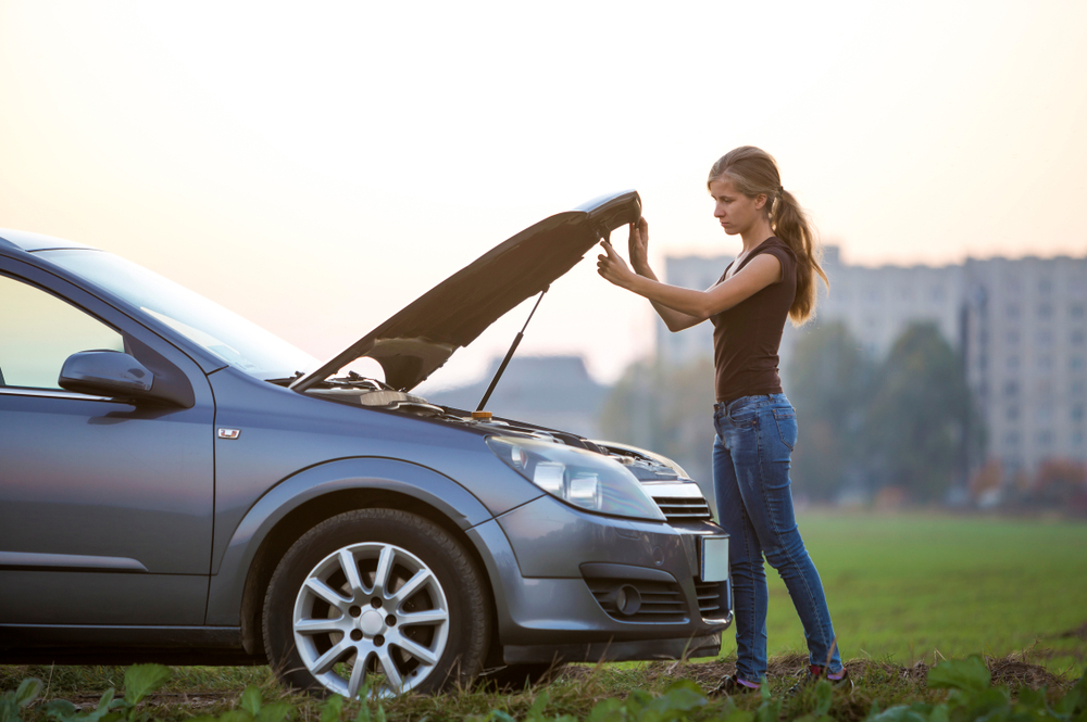 girl wearing brown shirt and blue jeans opening a silver cars hood in an open field