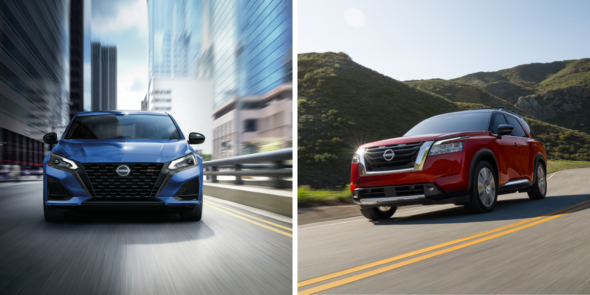 A blue Nissan Altima on the left and a red Nissan Pathfinder on the right.