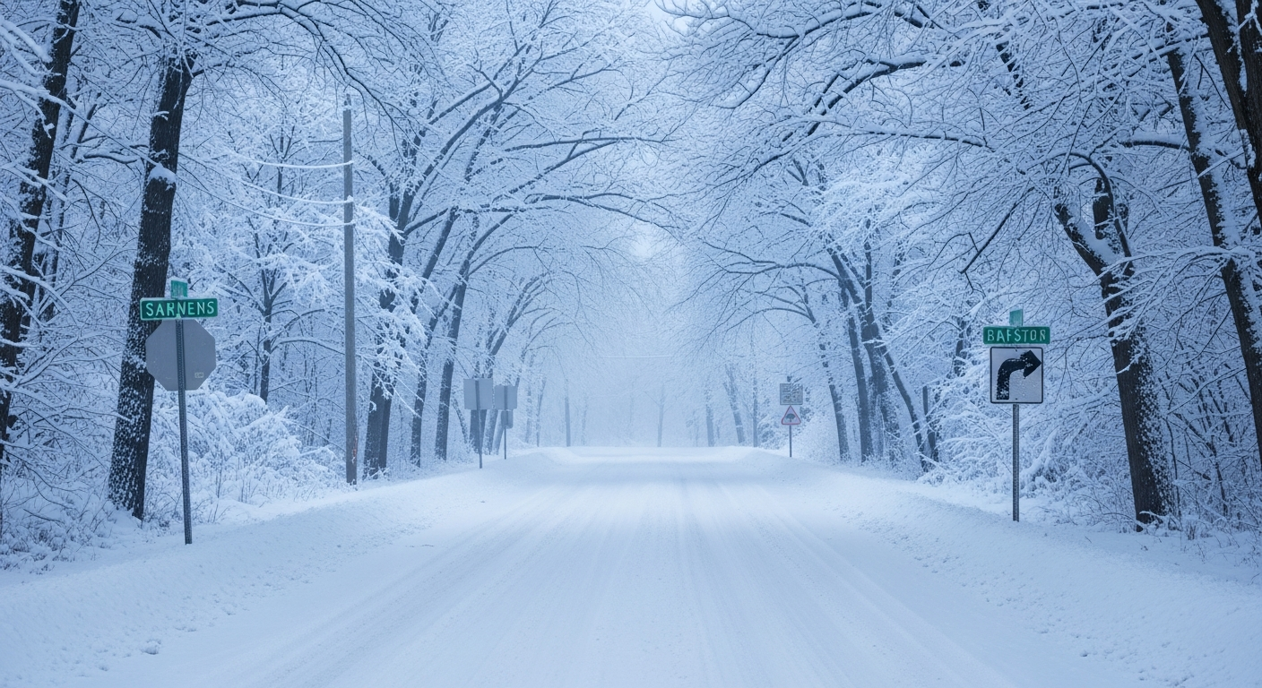 Snowy two-lane road lined with trees in winter
