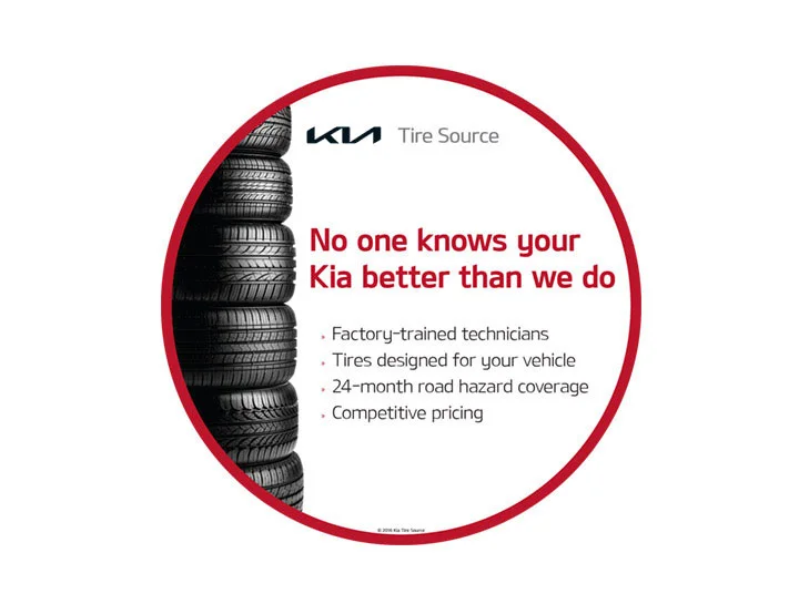 Kia Tire Source promo: "No one knows your Kia better than we do" — factory-trained technicians, tires designed for your vehicle, 24-month road hazard coverage, and competitive pricing.
