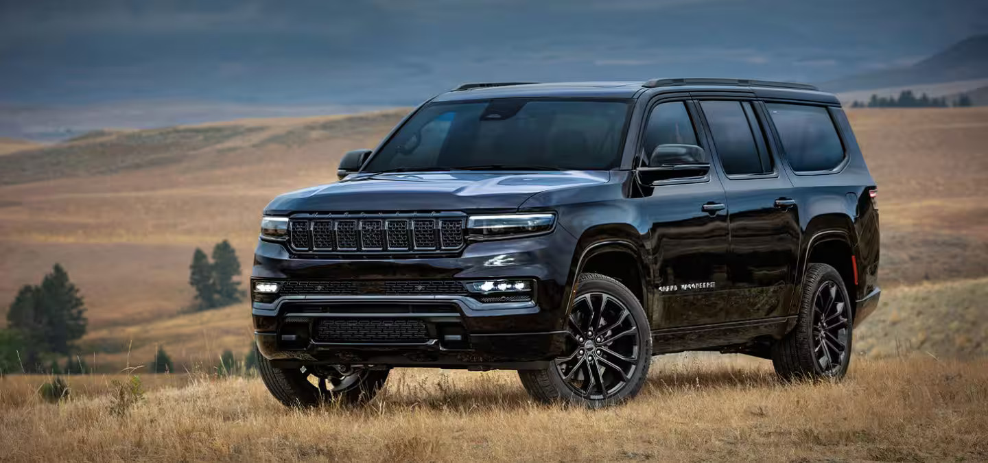 A black suv sitting parked in the grass.