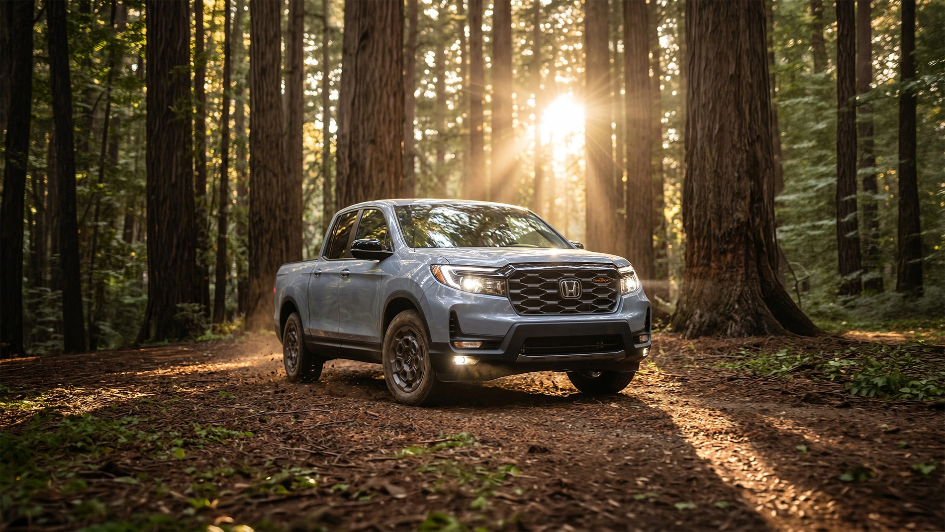 2026 Honda Ridgeline TrailSport + HPD Wheels trim level driving through Red Wood Forest