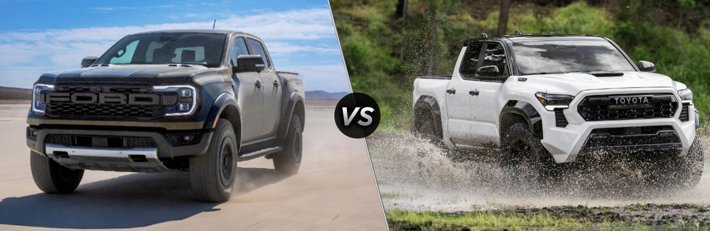 Gray 2024 Ford Ranger Raptor in a Desert vs White 2024 Toyota  Tacoma TRD Pro in Water