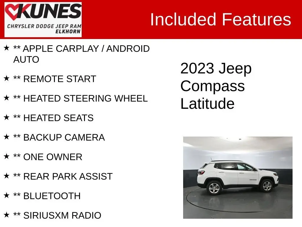 Used 2023 Jeep Compass Latitude with VIN 3C4NJDBN7PT552868 for sale in Elkhorn, WI
