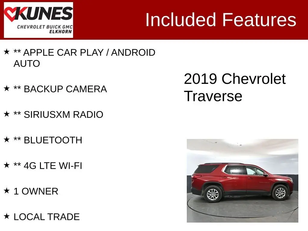 Used 2019 Chevrolet Traverse 1LT with VIN 1GNEVGKW3KJ188308 for sale in Elkhorn, WI