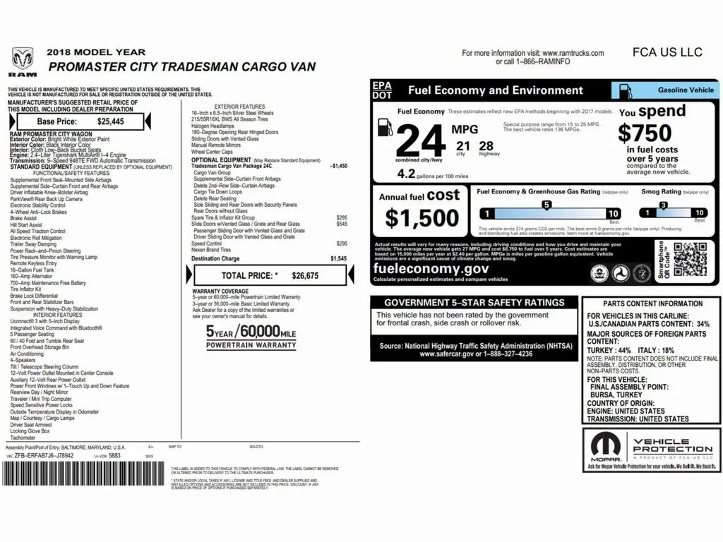 Used 2018 RAM Promaster City Tradesman with VIN ZFBERFAB7J6J78942 for sale in Trooper, PA