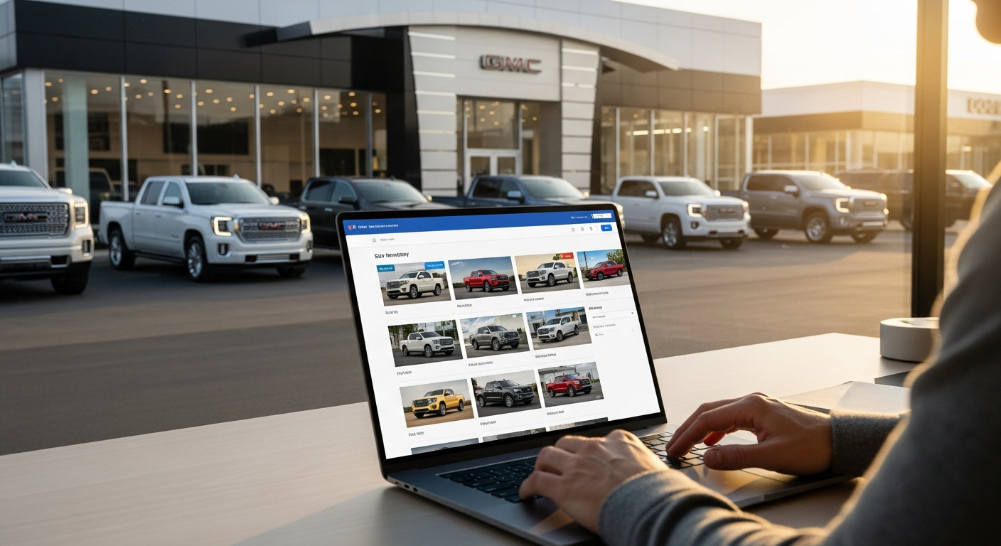 GMC shopper browsing vehicles online with a modern dealership in the background